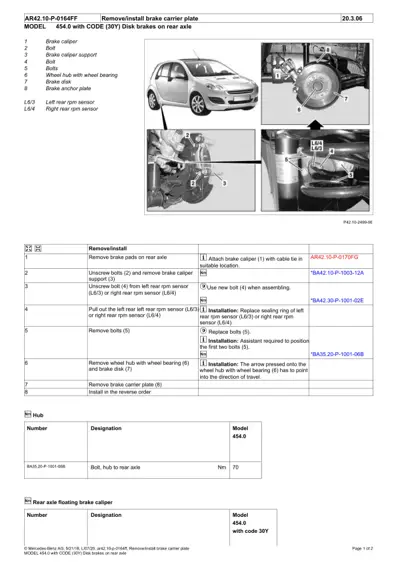 Smart Fortwo 454 rear brake carrier plate removal and installation guide with labeled components and step-by-step instructions.
