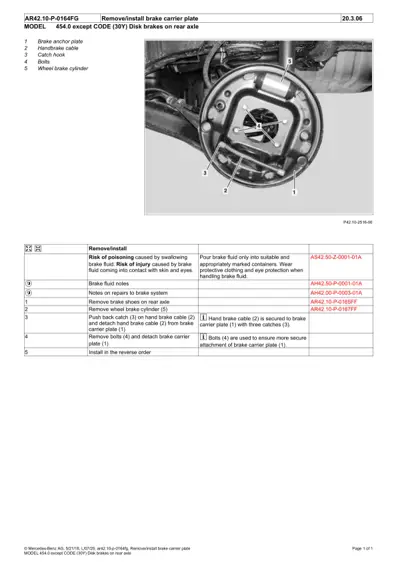 Rear brake assembly diagram showing anchor plate, handbrake cable, catch hook, bolts, and wheel brake cylinder.