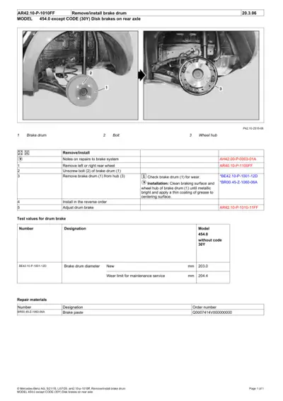 Two photos showing brake drum removal steps with numbered callouts and service procedure table below.