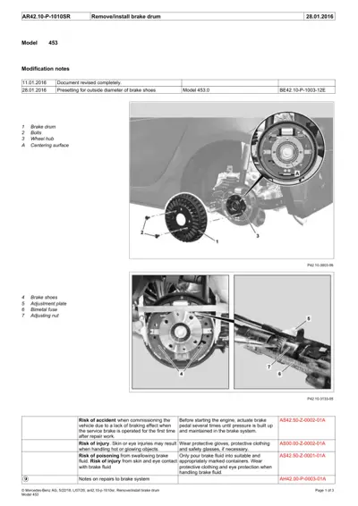 Exploded view diagram of brake drum assembly with numbered callouts 1-7 identifying brake components on Smart 453.