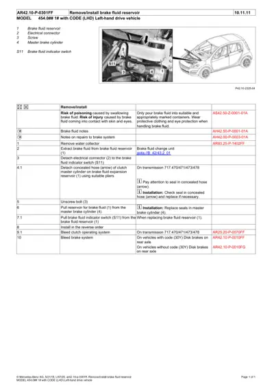 Service manual page showing brake fluid reservoir removal steps with engine bay photo and vehicle diagram