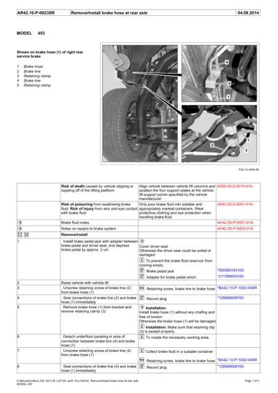 Service procedure photos showing brake hose components and retaining clamps at rear axle with numbered callouts 1-5.