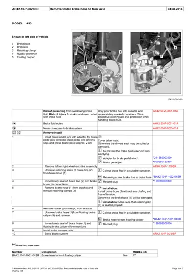Brake hose service procedure showing caliper assembly, hose routing, and retaining clamps for Smart Fortwo 453.