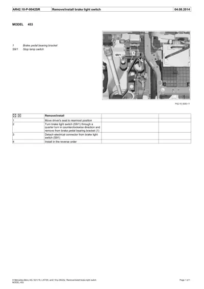 Brake pedal area showing stop lamp switch location with numbered callouts and service steps.