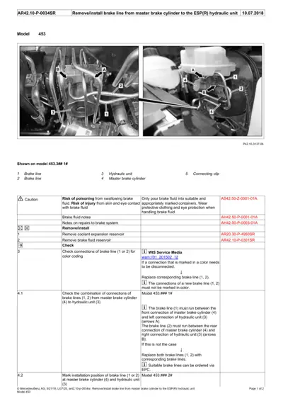 Two photographs showing brake line connections to master brake cylinder and ESP hydraulic unit with labeled callouts A through B.