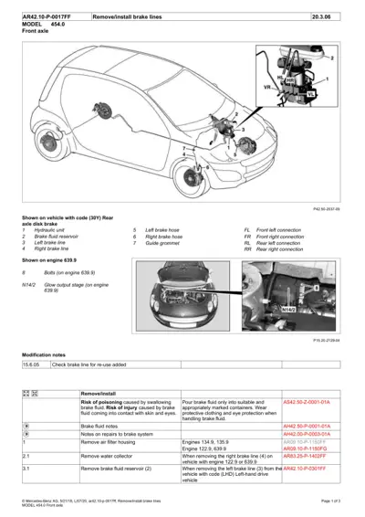 Diagram showing brake line routing on Smart Fortwo 454 front axle with labeled components and engine reference.