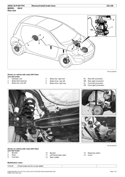Smart 454 rear axle brake system diagram with callouts for hydraulic unit, lines, hoses, bracket, and muffler locations.