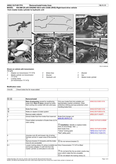 Service procedure diagram with numbered callouts showing brake line components and engine bay routing for smart fortwo