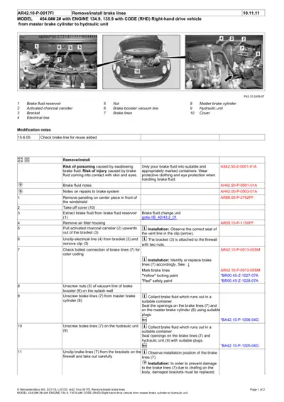 Service manual page with three engine bay photos and detailed brake line removal steps for Smart Fortwo 454 model.