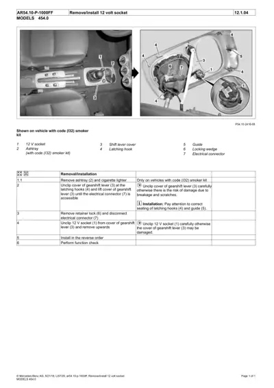Service manual page showing 12V socket removal steps for Smart Fortwo 454 with two technical photos and numbered parts diagram.