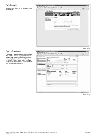 Two screenshots showing Daimler PAI platform guard plate login and Mercedes-Benz ticket preparation form.