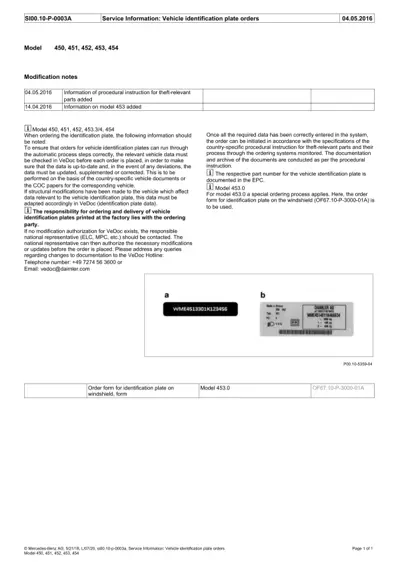 Service manual page showing identification plate ordering instructions with sample VIN and Daimler AG label examples.
