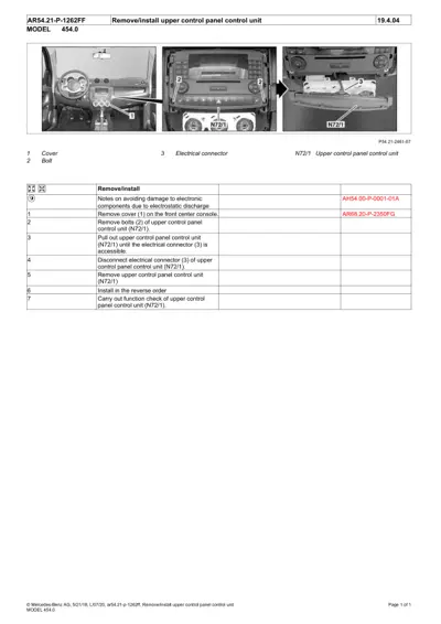 Three-panel service diagram of dashboard upper control panel removal for Smart 454