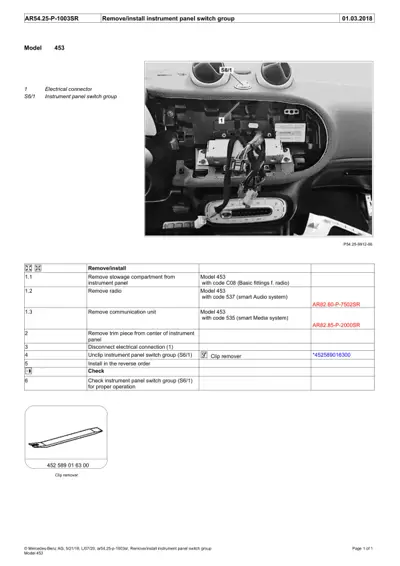 Interior dash panel showing switch group location and step-by-step removal instructions for Smart Fortwo 453.