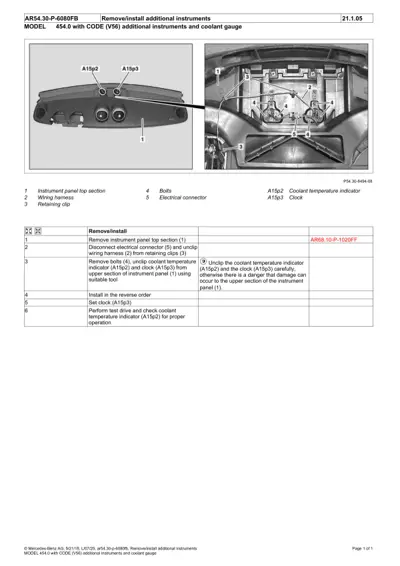 Diagram showing instrument cluster panel components A15p2 and A15p3 with numbered callouts and engine bay view.