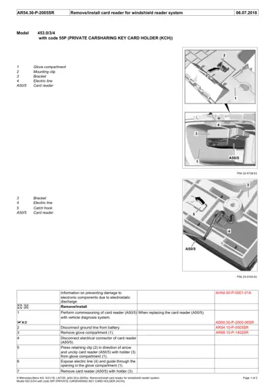 Service manual page showing card reader removal steps with numbered callouts and three detailed photographs of glove compartment area.