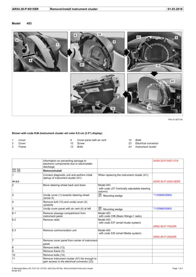 Instrument cluster removal steps for Smart Fortwo 453 with exploded view diagrams and parts callouts.