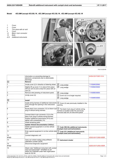 Service manual page showing numbered steps and callout photos for installing additional instruments in Smart Fortwo 453 dashboard.