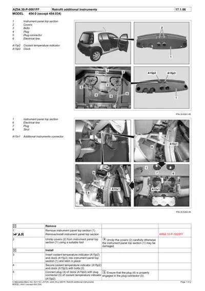 Exploded view and installation steps for coolant temperature indicator and clock retrofit on 454 Smart Fortwo dashboard.