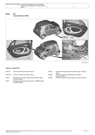 Smart Fortwo 453 door connector sleeve diagram showing window motor and door lock signal locations.