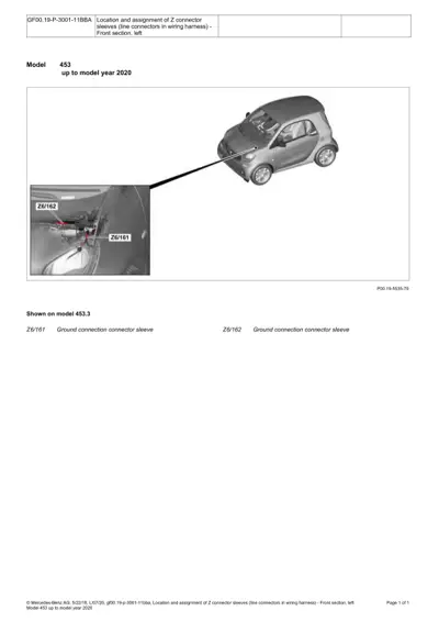 Smart 453 car diagram showing Z6/161 and Z6/162 ground connector sleeves on front left area.