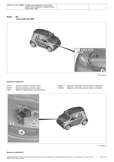Smart Fortwo 453 front wiring connector sleeves Z6, Z24, Z55/5, Z36/14, Z6/157, Z6/158, Z30/2, Z35/99, Z35/100 with callout diagram.