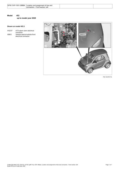 Smart Fortwo 453 front left wiring connectors diagram with callout labels on engine bay and bumper area.