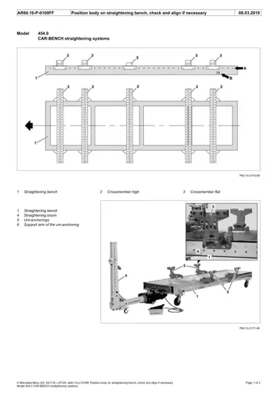 Technical diagram of straightening bench system showing bench, boom, crossmembers, and anchorings with numbered callouts.