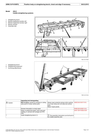 Exploded view diagrams of Celette straightening bench components and equipment with numbered callouts.