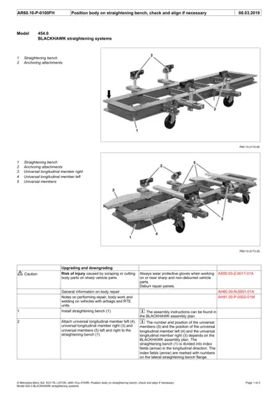 Technical diagram showing straightening bench equipment with labeled components and assembly instructions for chassis 454.0