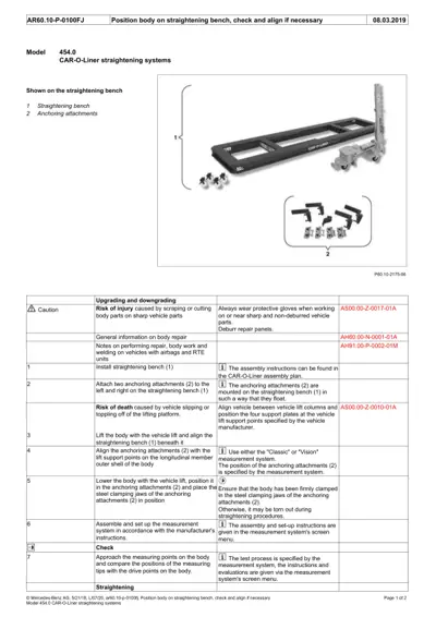 Straightening bench with anchoring attachments and detailed service procedure steps for body alignment.