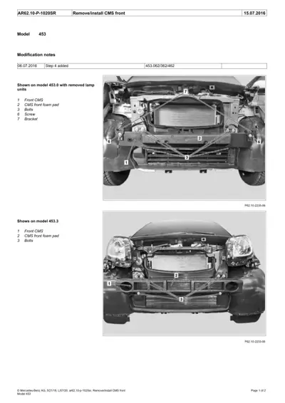 Two front-end views of Smart 453 with numbered callouts for CMS components and fasteners.