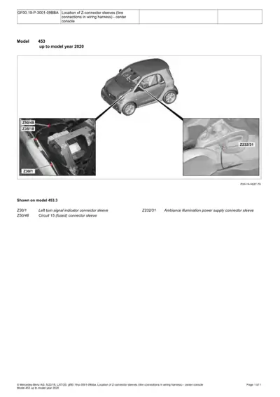 Smart 453 diagram showing Z-connector locations under hood and center console with callout labels.