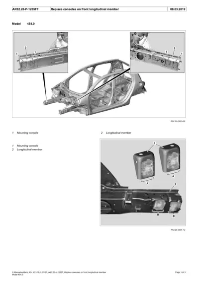 Three-view diagram showing front chassis frame components with numbered callouts and detail closeups.