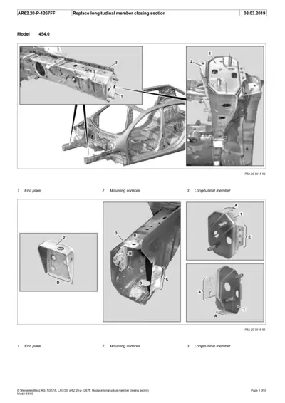 Exploded view of longitudinal member closing section components for Smart Fortwo 454 with numbered callouts.