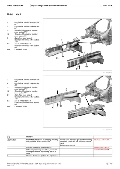 Exploded view diagram of front longitudinal member components for smart fortwo 454 chassis showing cut points and weld seams.