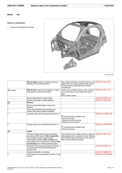 Smart 453 chassis diagram showing upper front longitudinal member location and removal sequence.