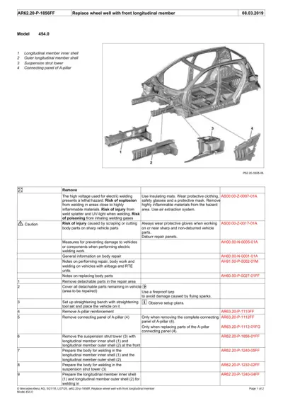 Exploded diagram showing front body frame components and removal procedure callouts for Smart 454.