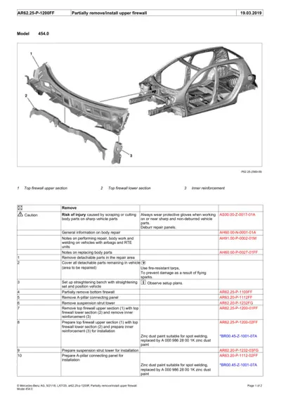 Exploded diagram showing top firewall upper section, lower section, and inner reinforcement components for Smart 454.