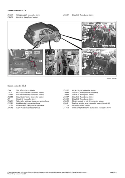 Wiring harness connector sleeves for Smart Fortwo 453 model shown with labeled diagram callouts.