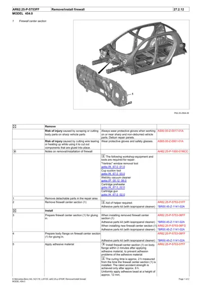Firewall center section exploded view showing removal and installation steps with safety warnings and part numbers.