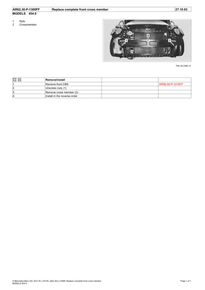 Service manual page showing front cross member replacement steps and diagram for Smart 454.0 model