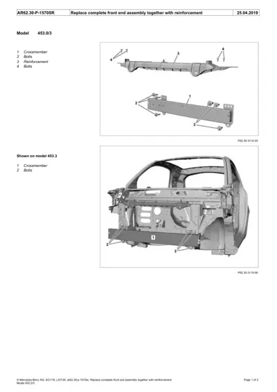 Exploded diagram showing front bumper crossmember assembly and installation points on 453 chassis