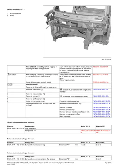 Exploded diagram of front end structure with numbered components and reinforcement parts for Smart 453.3