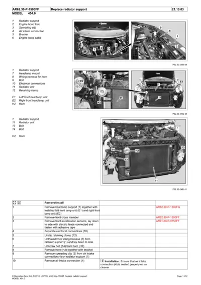 Service manual page showing radiator support replacement for Smart model 454.0 with multiple engine bay photographs and numbered callout labels.