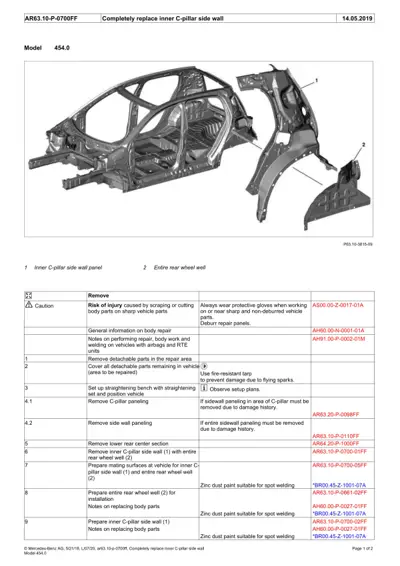 Exploded view of smart car body frame showing C-pillar and rear wheel well components with numbered callout labels.