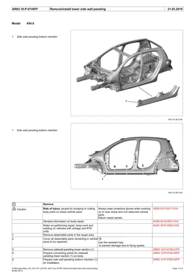 Technical diagram of side wall paneling bottom member removal for Smart model 454.0 with callout references.