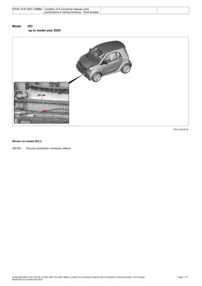 Smart ForTwo 453 with callout showing Z6/160 ground connector sleeve position under front bumper.
