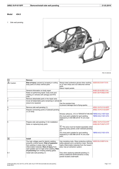 Exploded diagram of side wall panel for Smart Fortwo 454 model with numbered callouts and service procedure table.