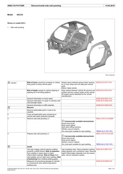 Smart 453 body side panel exploded view diagram with numbered callouts and repair procedure table